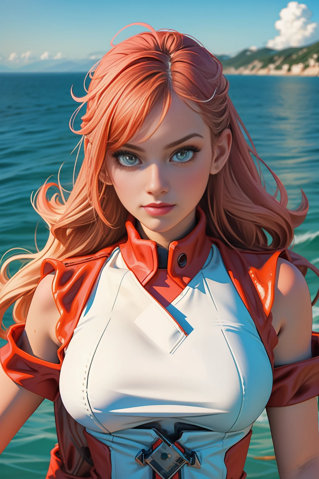 uma mulher ruiva de franja, cabelo curto, Standing on top of the water, with fighting pose with both hands holding the water, with the power to control water, usando vestido comprido.