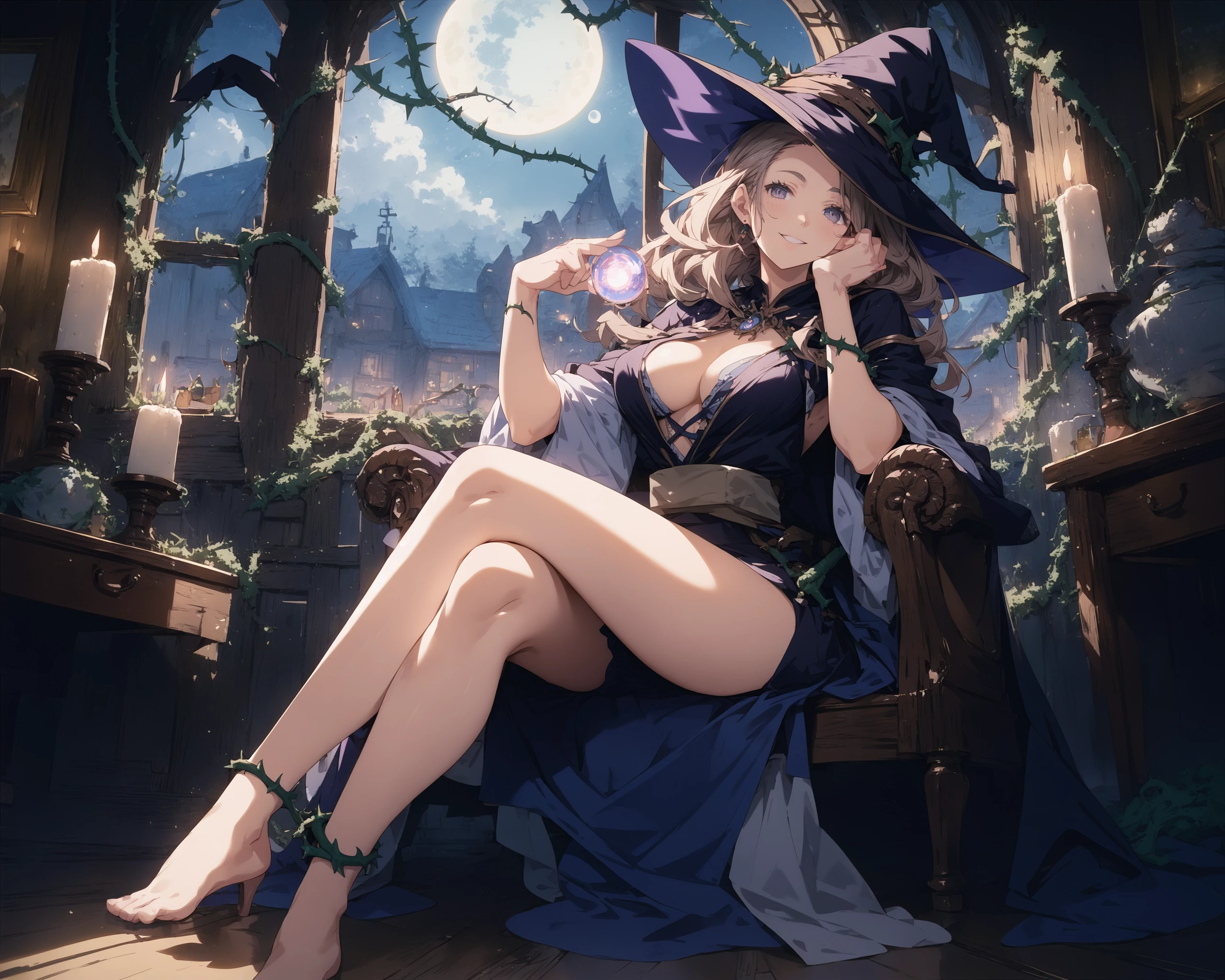 score_9,score_8_up,score_7_up,source_anime,
masterpiece,best_quality,highres,absurdres,
BREAK
witch,
cleavage,
seductive_smile,
crossed_legs,
glowing_orb,
winding_thorns,
indoors,
treehouse,
moon_night,