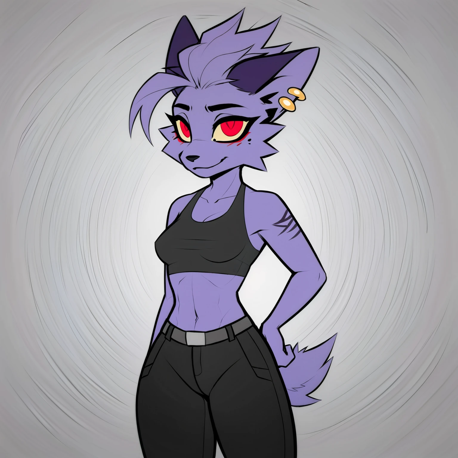 (high quality, high res, 4k:1.3), (by claweddrip, by senz:0.8)
<lora:SaturnCat:0.8> saturncat, furry, female, solo, full body, simple background, looking at viewer, crop top, pants, earrings, bare shoulders