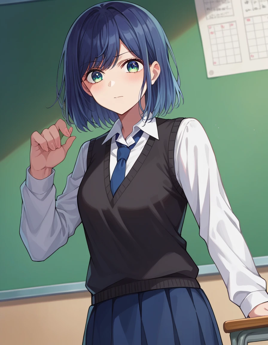 score_9, score_8_up, score_7_up, source_anime,
akanekurokawa, <lora:akane-kurokawa-ponyxl-lora-nochekaiser:1>,
akane kurokawa, bangs, green eyes, blue hair, medium hair, dark blue hair,
shirt, school uniform, white shirt, necktie, collared shirt, vest, blue necktie, skirt, blue skirt,
indoors, classroom,
looking at viewer, cowboy shot, dutch angle,