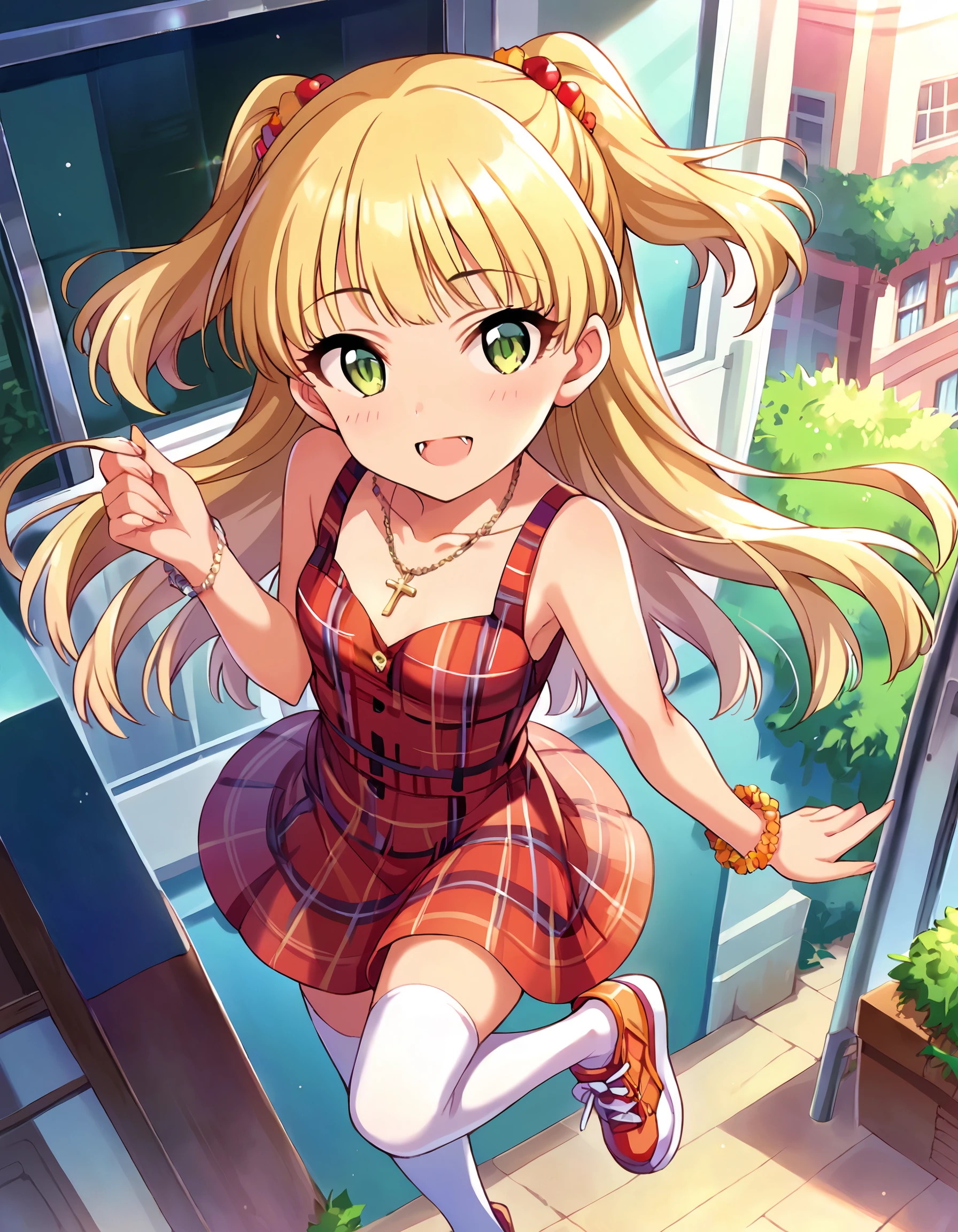 score_9, score_8_up, score_7_up, source_anime,
pinup of 1girl, solo, fov, dating, joyful, blush, looking at viewer, from above,
outdoors, Tokyo, building, display window, spring \(season\), day, sunlight,
<lora:JogasakiRika_pony_v1:0.8>
jgskrk, petite, long hair, blonde hair, two side up, bangs, hair ornament, green eyes, small breasts, fangs,
red sundress, plaid dress, skirt, thighhighs, zettai ryouiki, sneakers, cross necklace, bangle,