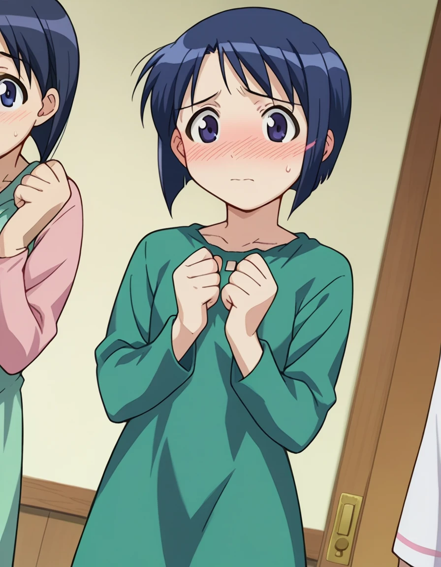 score_9, score_8_up, score_7_up, source_anime,
shinobumaehara, <lora:shinobu-maehara-ponyxl-lora-nochekaiser:1>,
shinobu maehara, short hair, blue eyes, blue hair, embarrassed, blush,
long sleeves, dress, green dress,
indoors,
looking at viewer, dutch angle, cowboy shot,
