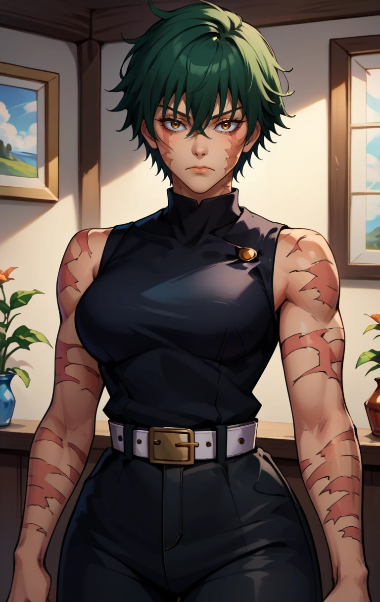 score_9, score_8_up, score_7_up, score_9, source_anime, BREAK <lora:MakizeninSDXL:0.9> MakizeninSDXL, 1girl, solo, breasts, looking at viewer, short hair, bangs, room background, shirt, black hair, black shirt, hair between eyes, brown eyes, medium breasts, closed mouth, golden eyes, cowboy shot, green hair, sleeveless, belt, pants, scar, black pants, scar on face, scar on cheek, white belt, burn scar, scar on arm, high-waist pants, muscular female,