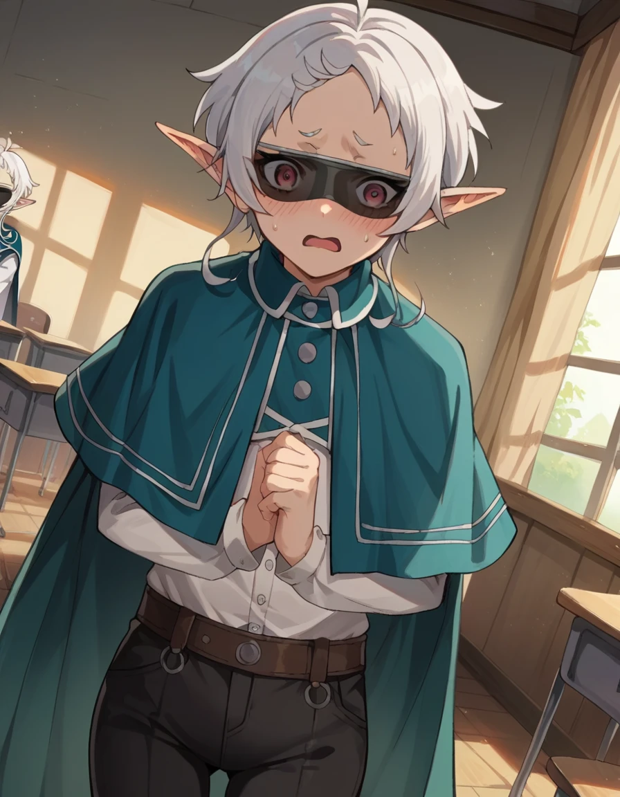 score_9, score_8_up, score_7_up, source_anime,
sylphy, <lora:sylphiette-ponyxl-lora-nochekaiser:1>,
sylphy, short hair, ahoge, white hair, pointy ears, elf, blush, embarrassed, open mouth,
sunglasses, pants, capelet, black pants, cape,
indoors, classroom,
looking at viewer, cowboy shot, dutch angle,