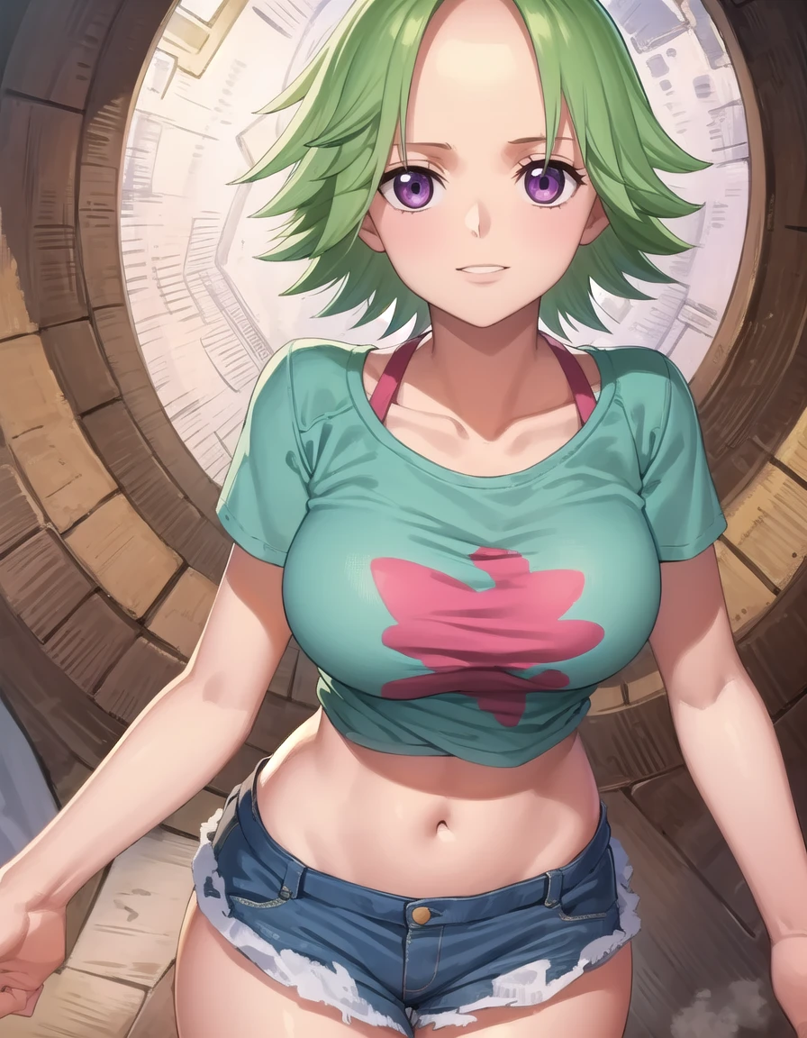 hiyori from one piece naked green hair, blue eyes, naked , huge breast, small nibbles, thic hips, wide hips, pussy , perfect waist, sexy