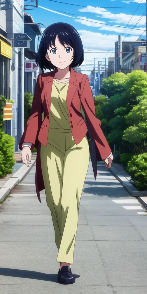 anime screencap, 1girl, solo, smile, looking at viewer, happy, upper body, walking in a street, masterpiece, best quality, high quality, best details