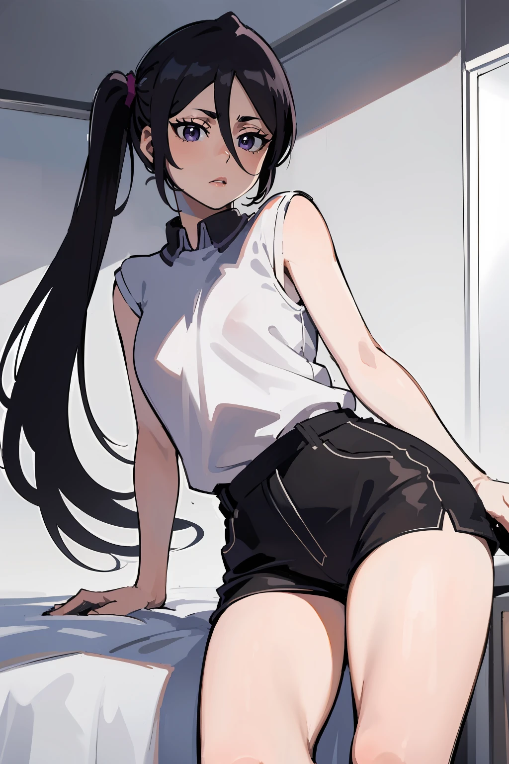masterpiece,high quality,highres,1girl,solo,<lora:rukia-v1-wasabiya:1>,krukia,black hair,long hair,hair between eyes,purple eyes,side ponytail,