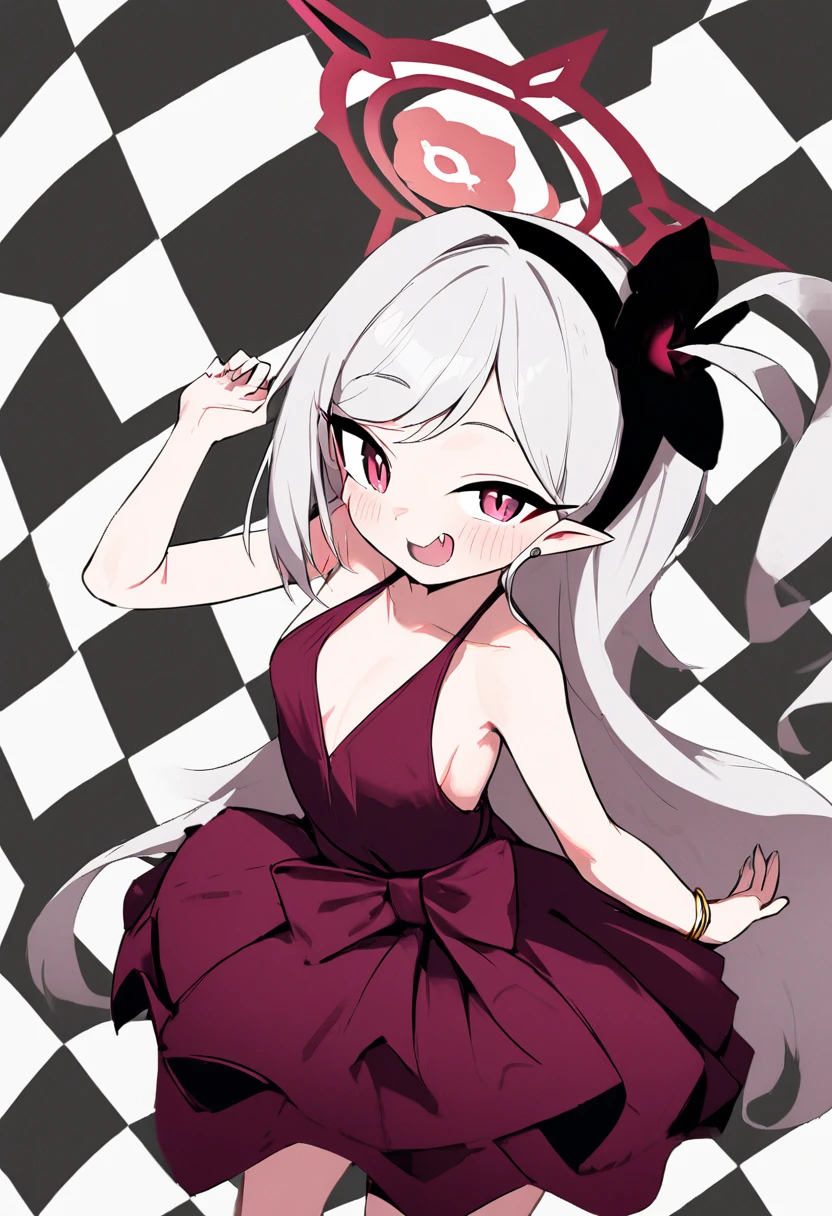 <lora:ps68_dress_v3:1>1girl, mutsuki \(dress\) \(blue archive\), halo, simple background, checkered background, looking at viewer, cowboy shot,