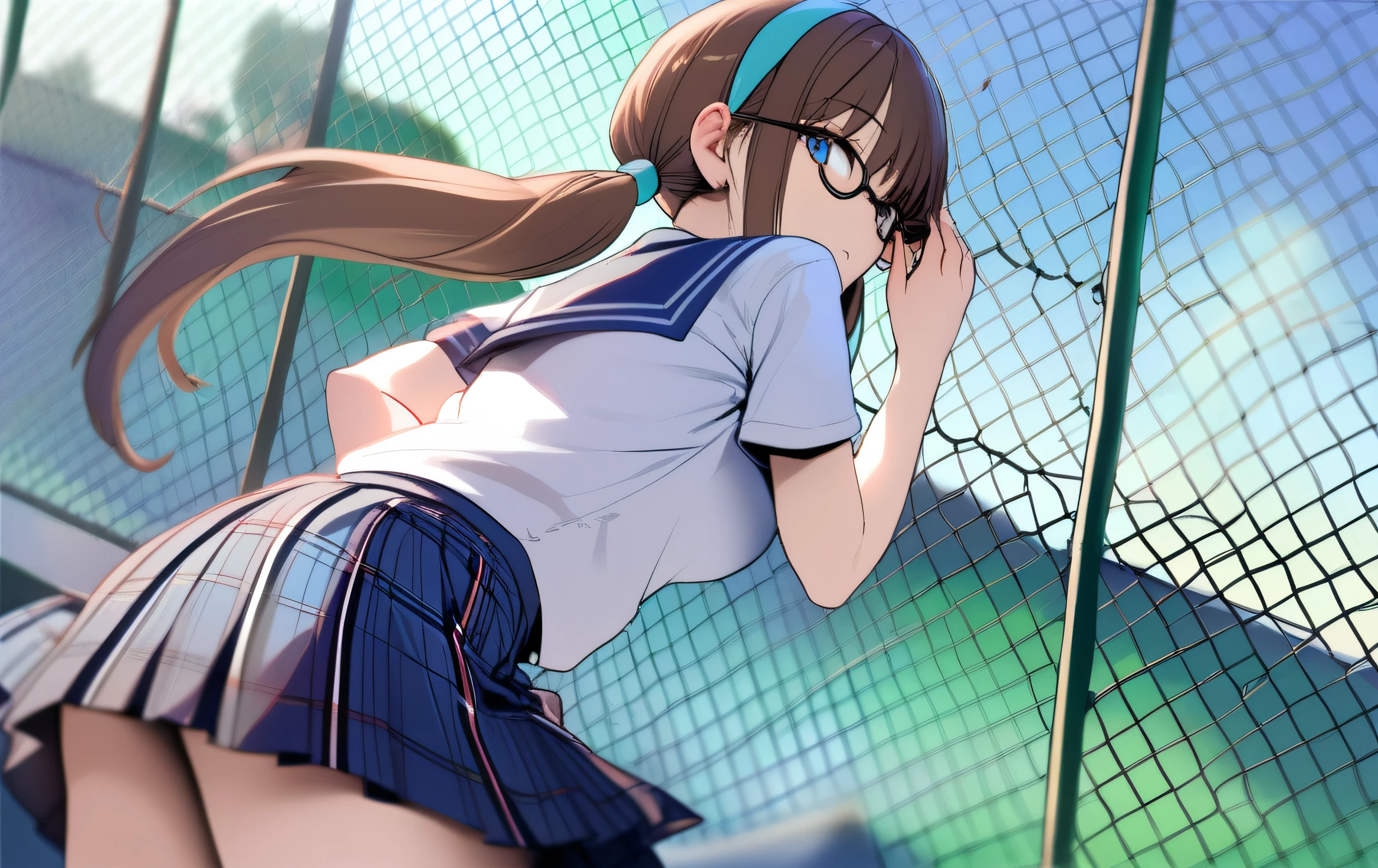 (masterpiece,best quality,ultra sharp focus),  1girl,solo,long hair,blue eyes,skirt,brown hair,ass focus,twintails,school uniform,hairband,glasses,looking back,plaid,plaid skirt,fence,adjusting eyewear,chain-link fence,makinami mari illustrious  <lora:Mari:0.7>