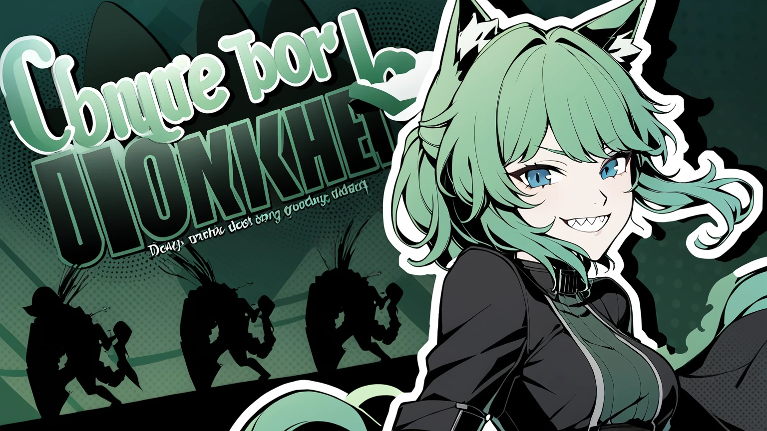 1girl,all out attacks,silhouette,english text,deep green hair,blue eyes,cat girl,Wicked smile,looking at viewer,shark teeth,newest,medium quality,general,masterpiece, <lora:p5_attacks_v0.2:0.8>