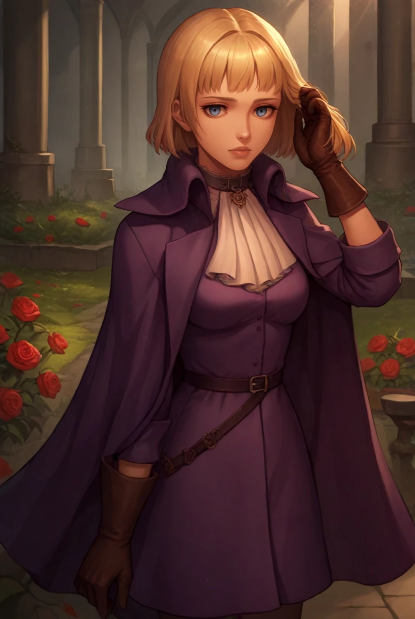 score_9, score_8_up, score_7_up, source_anime,solo, 1girl, looking at viewer, full body,
<lora:FarnesePdxlDwnsty:1>,Farnese_Casual,  blue eyes, blonde hair, lips, gloves, cape, ascot, purple coat, collar,
medium breasts, adjusting hair, 
castle, garden, flower, rose,