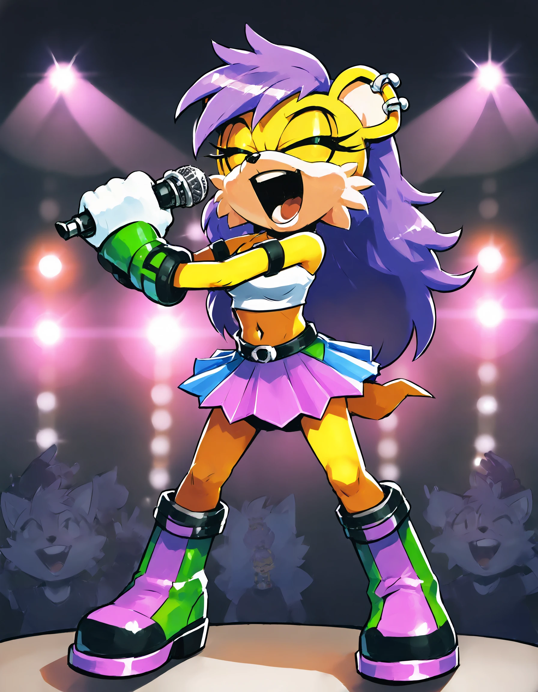 score_9, score_8_up, score_7_up, detailed background, 1girl, solo, mina mongoose, yellow body fur, swept bangs, long hair, purple hair, open mouth, closed eyes, singing, holding microphone, leaning forward, multi-colored tube top, multi-colored skirt, boots, wristbands, outdoors, stage, concert, crowd<lora:Smooth Style 2 SDXL_LoRA_Pony Diffusion V6 XL:1>