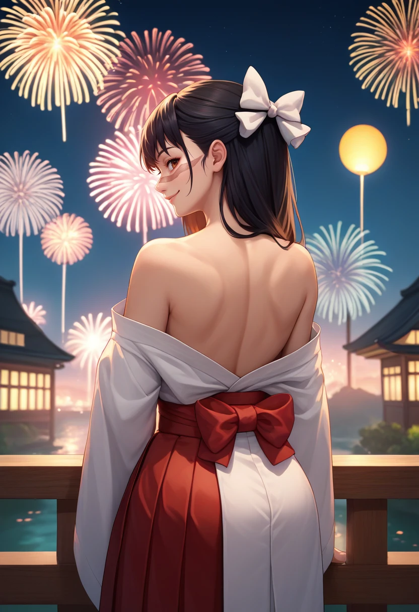 score_9, score_8_up, score_7_up, source_anime, from behind, solo, 1girl, ioricurrent, scar, smile, looking back, black hair, hair bow, white bow, white kimono, off shoulder, red hakama, bare shoulders, fireworks <lora:jjk_iori_ponyXL:1>