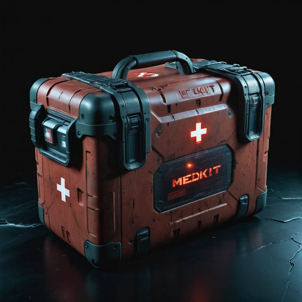 red first aid kit, on a gray background, fantasy, military