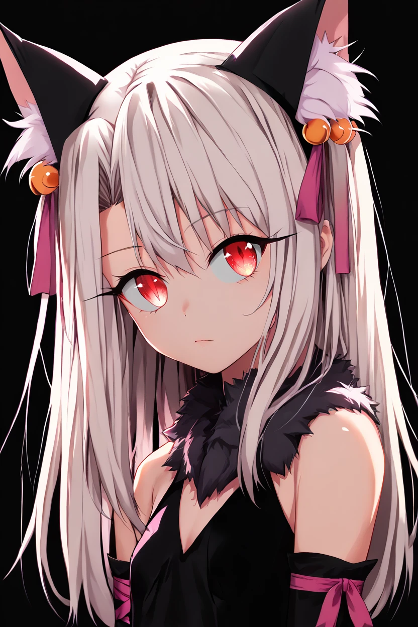 <lora:KuroCAT_Style:1>, high resolution, highly detailed, perfect lighting, beautiful detailed eyes, upper body, black background, 1girl, solo, looking at viewer, zzillaaa, official alternate costume, long hair, white hair, illyasviel von einzbern, Fate/kaleid liner <lora:illyabeasts_Ponyv2:0.8>, head tilt,