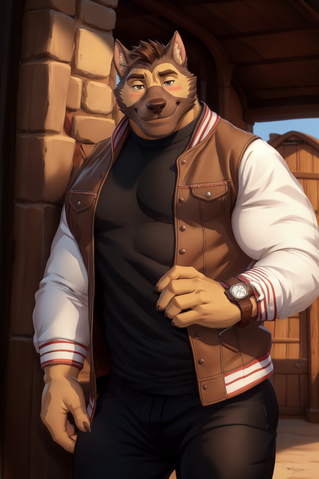 <lora:gil-05:0.9>, coachgil, muscular, brown eyes, (posing:1.3), (soft shading), 4k, hi res, ((detailed face, detailed)), by zackarry911, by zaush, (by personalami:0.5), blush, smile, shirt, jacket, male focus, thighs, cowboy shot, open clothes, pants, open jacket, black shirt, thick thighs, black pants, watch, belly