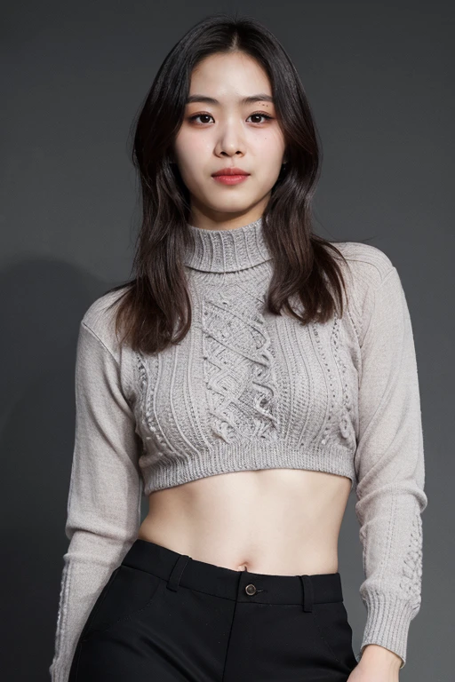 masterpiece, best quality, ultra-detailed, ultra high res, (photorealistic:1.4), raw photo, (realistic:0.2), 8k HDR, realistic lighting, 1girl, solo, looking at viewer, asymmetrical hair, (detailed oily skin), (detailed face), (simple gray background :1.1), (upper body:1.2), knitwear, zentangle pattern, turtleneck, long pants,