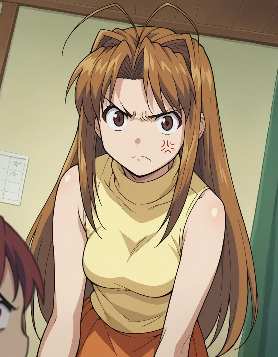 score_9, score_8_up, score_7_up, source_anime,
narunarusegawa, <lora:naru-narusegawa-ponyxl-lora-nochekaiser:1>,
naru narusegawa, long hair, brown hair, antenna hair, brown eyes, angry, anger vein,
skirt, sleeveless, miniskirt, turtleneck, sleeveless turtleneck,
indoors,
looking at viewer, dutch angle, cowboy shot,