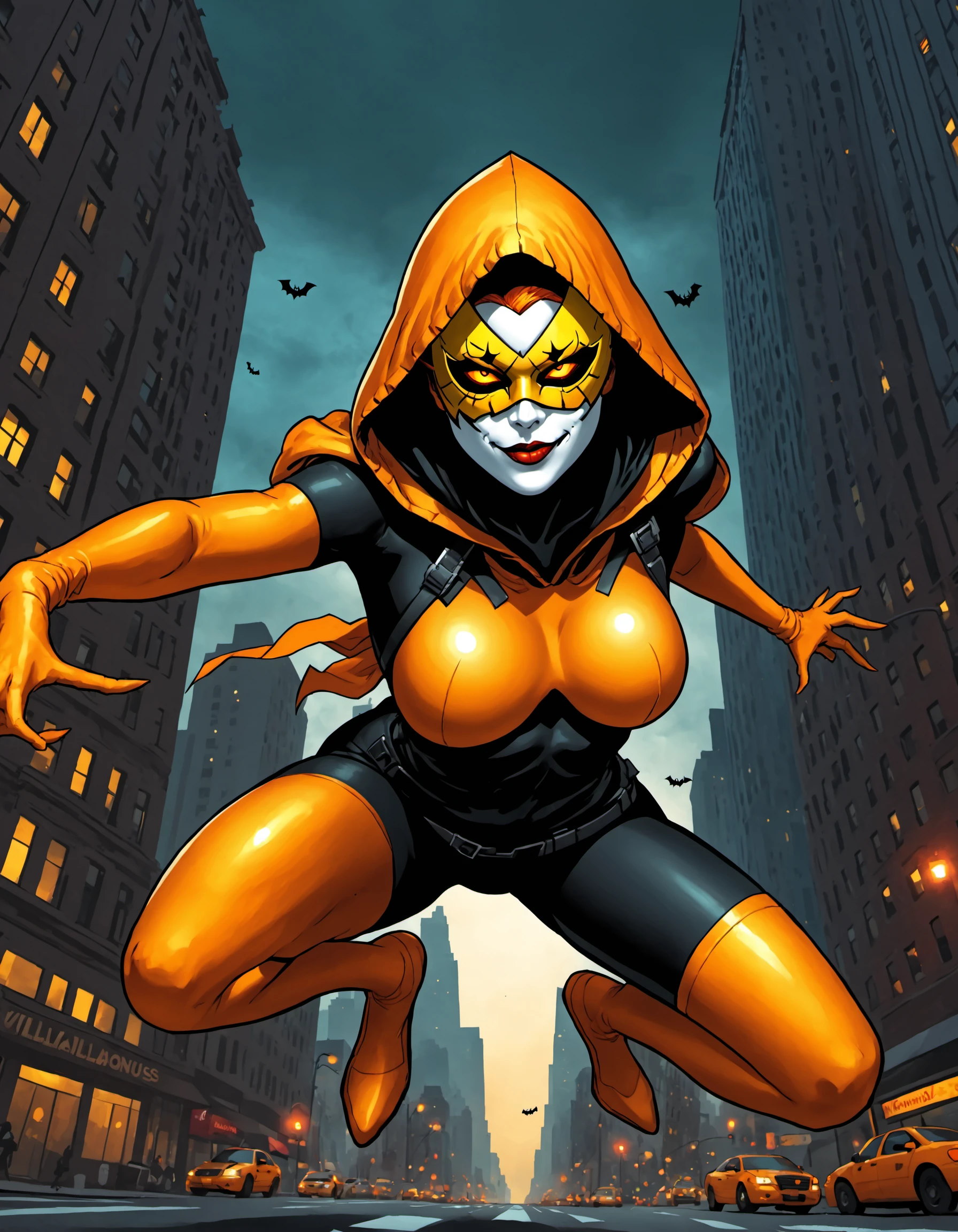 Hallows Eve, ((solo, solo focus)), glowing eyes, hood, 1girl, glowing, colored skin, yellow eyes, parted lips, hood up, white skin, orange eyes, mask, domino mask, looking at viewer, (seductive smirk), new york, outdoors, city scene, full body, action pose, flying, villainous pose, <lora:HallowsEveXL:0.8>