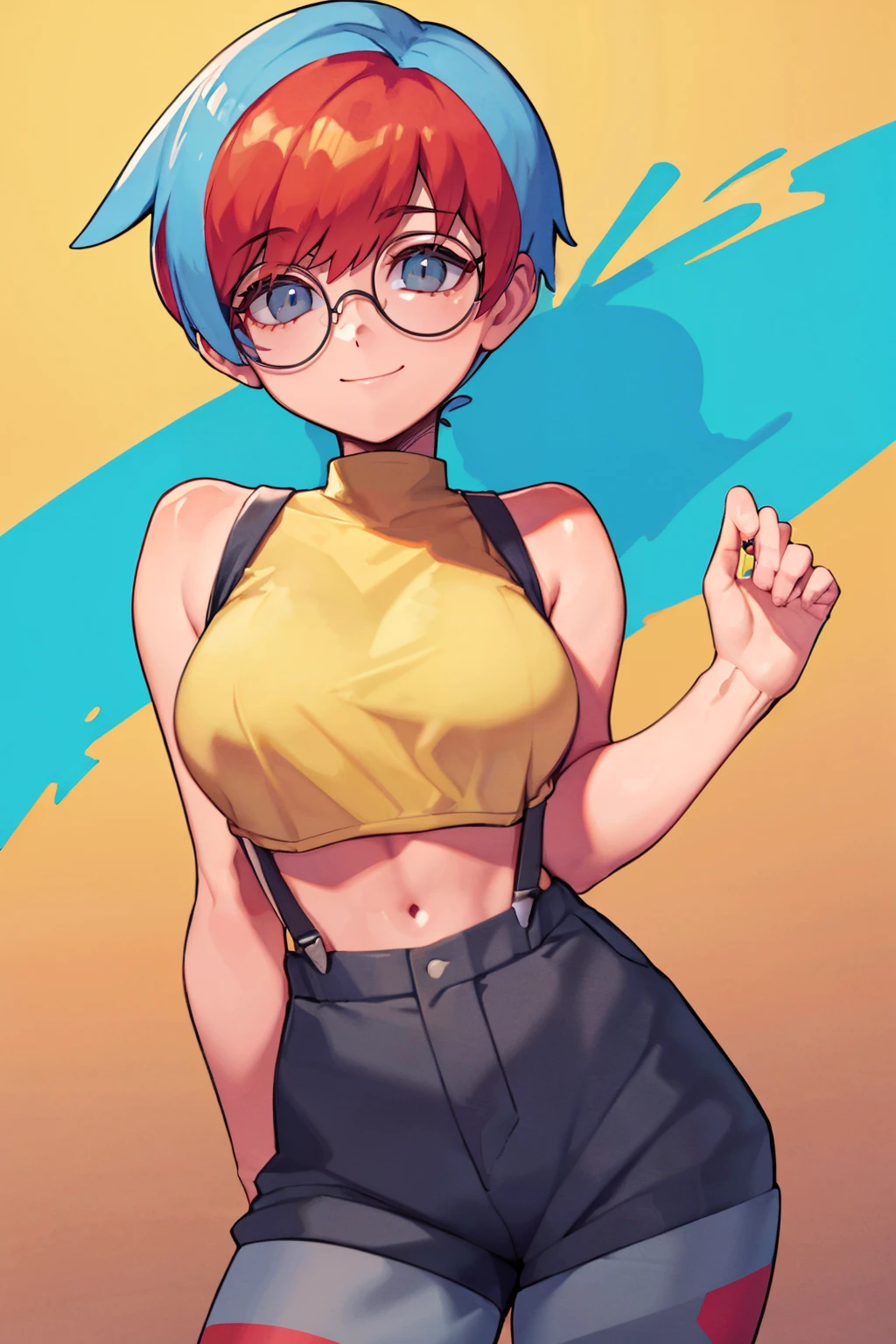 ((masterpiece,best quality)), absurdres, <lora:Penny_Pokemon:0.7>, Penny_Pokemon, 1girl, multicolored hair, two-tone hair, red hair, blue hair, grey eyes, round eyewear, leather jacket, leather pants, strapless bra, black jacket, tight pants, black choker, zipper, fingerless gloves, biker clothes, spikes, unzipped, multiple belts, shiny clothes, high collar, (graffiti:1.2), brick wall, solo, smiling, looking at viewer, cowboy shot, contrapposto,