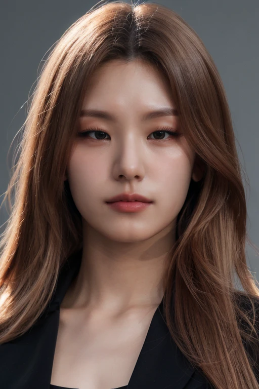 masterpiece, best quality, ultra-detailed, ultra high res, (photorealistic:1.4), raw photo, (realistic:0.2), 8k HDR, realistic lighting, 1girl, solo, looking at viewer, asymmetrical blonde hair, (detailed oily skin), (detailed face), (simple gray background :1.1), (upper body:1.2), black suits, black collared shirts,