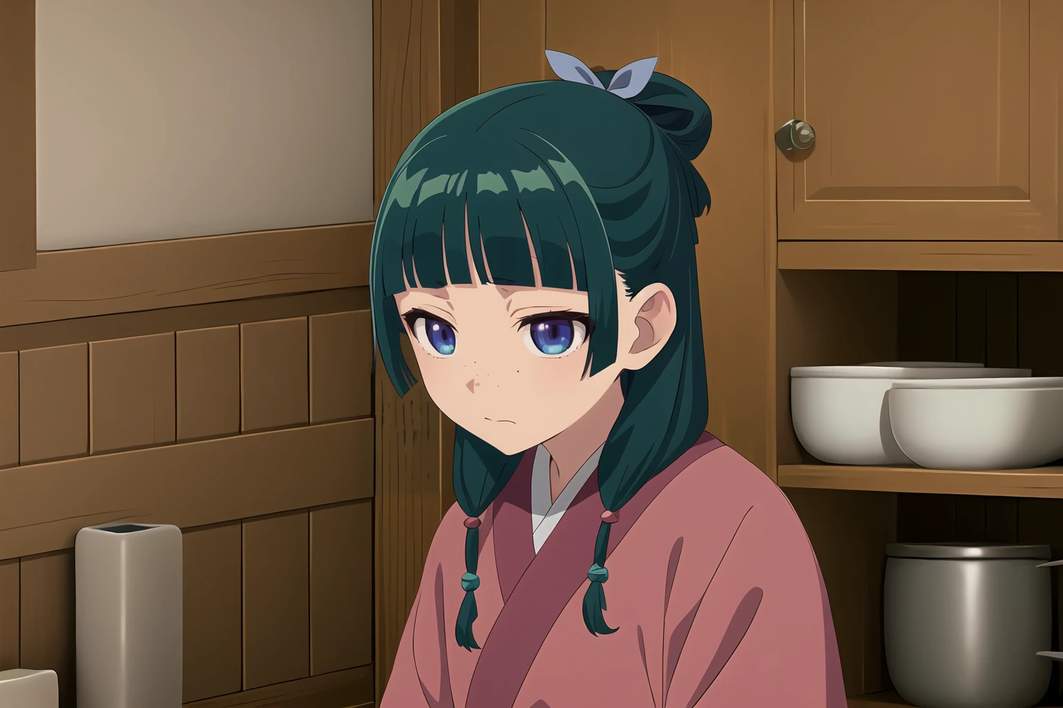 Maomao, anime girl with blue eyes and green hair in a kitchen, 1girl, solo, long hair, bangs, blue eyes, closed mouth, upper body, japanese clothes, green hair, indoors, blunt bangs, kimono, freckles, <lora:The_Apothecary_Diaries_-_Maomao_Xiao_Mao:0.8>