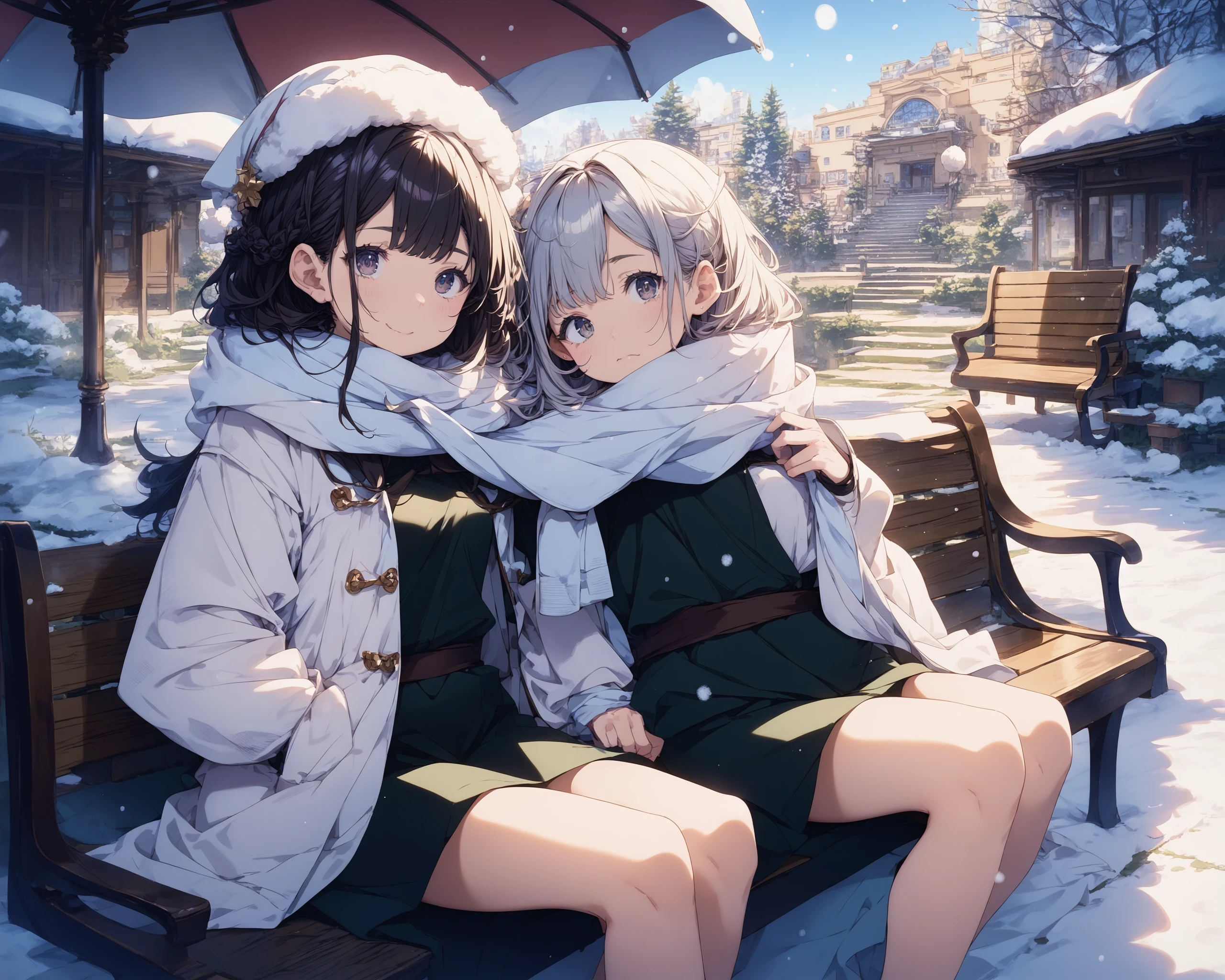 score_9,score_8_up,score_7_up,source_anime,
masterpiece,best_quality,highres,absurdres,
BREAK
shared_scarf,
2girls,
cheek-to-cheek,
winter_coat,
sitting_on_bench,
outdoors,
snowing_park,
 <lora:shared_scarf_pony1:1>