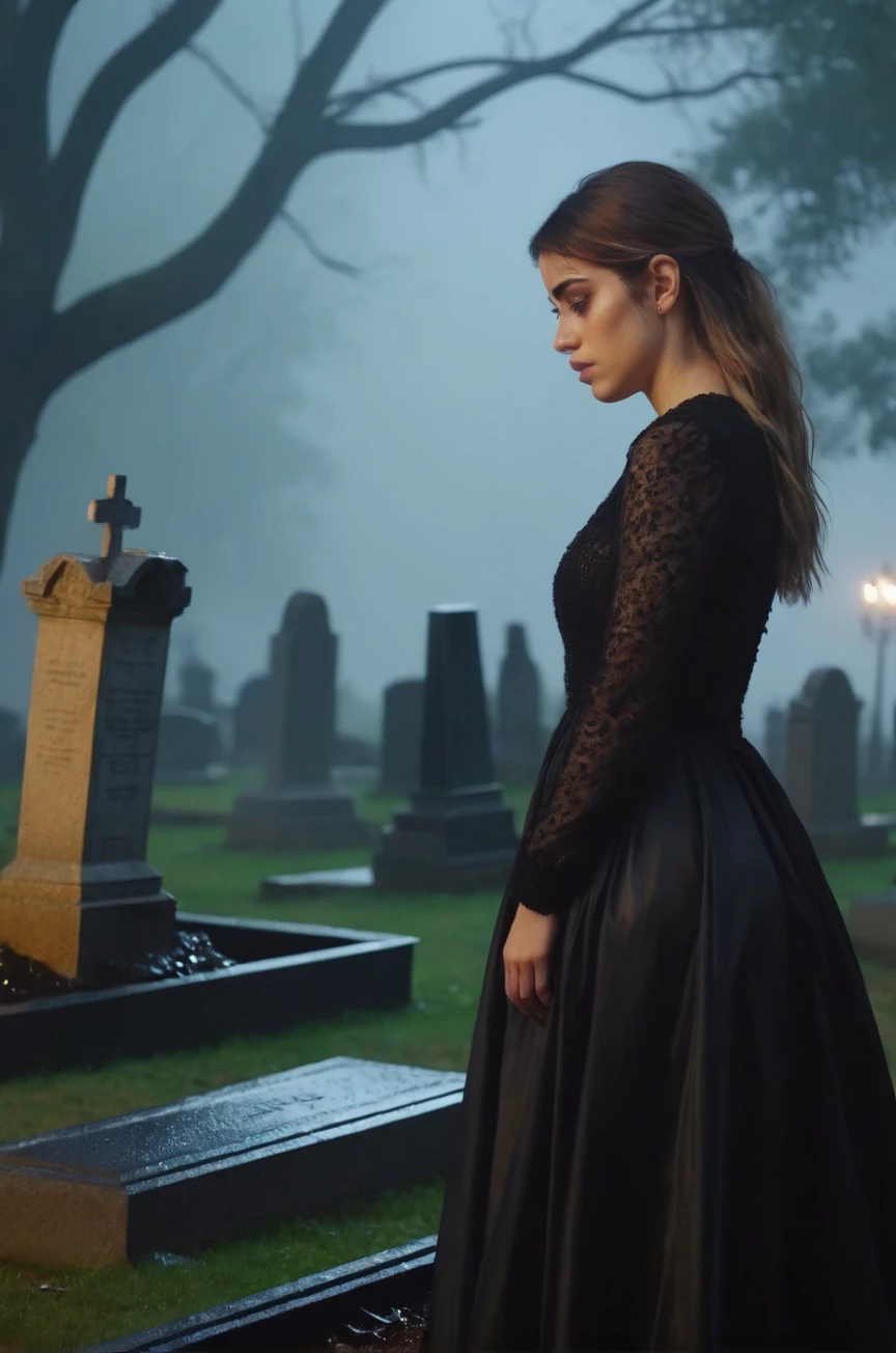 tv_Generic_25yo_Spanish, , tearful sad expression, "ready-for-a-funeral", black dress, looking down, in a rainy graveyard at dusk, full body shot, , 8k resolution, highres, high detail, sharp focus, , 8k uhd,