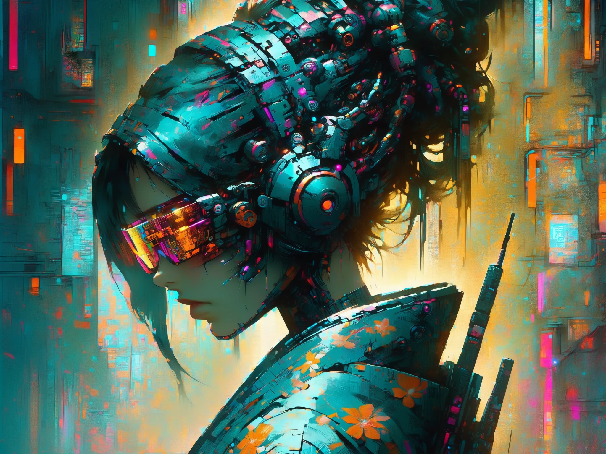 cyberpunk woman wearing a kimono, mad-cybrpnkimprss, cyberpunk, impressionism, (masterpiece:1.2), best quality, (hyperdetailed, highest detailed:1.2), high resolution textures
