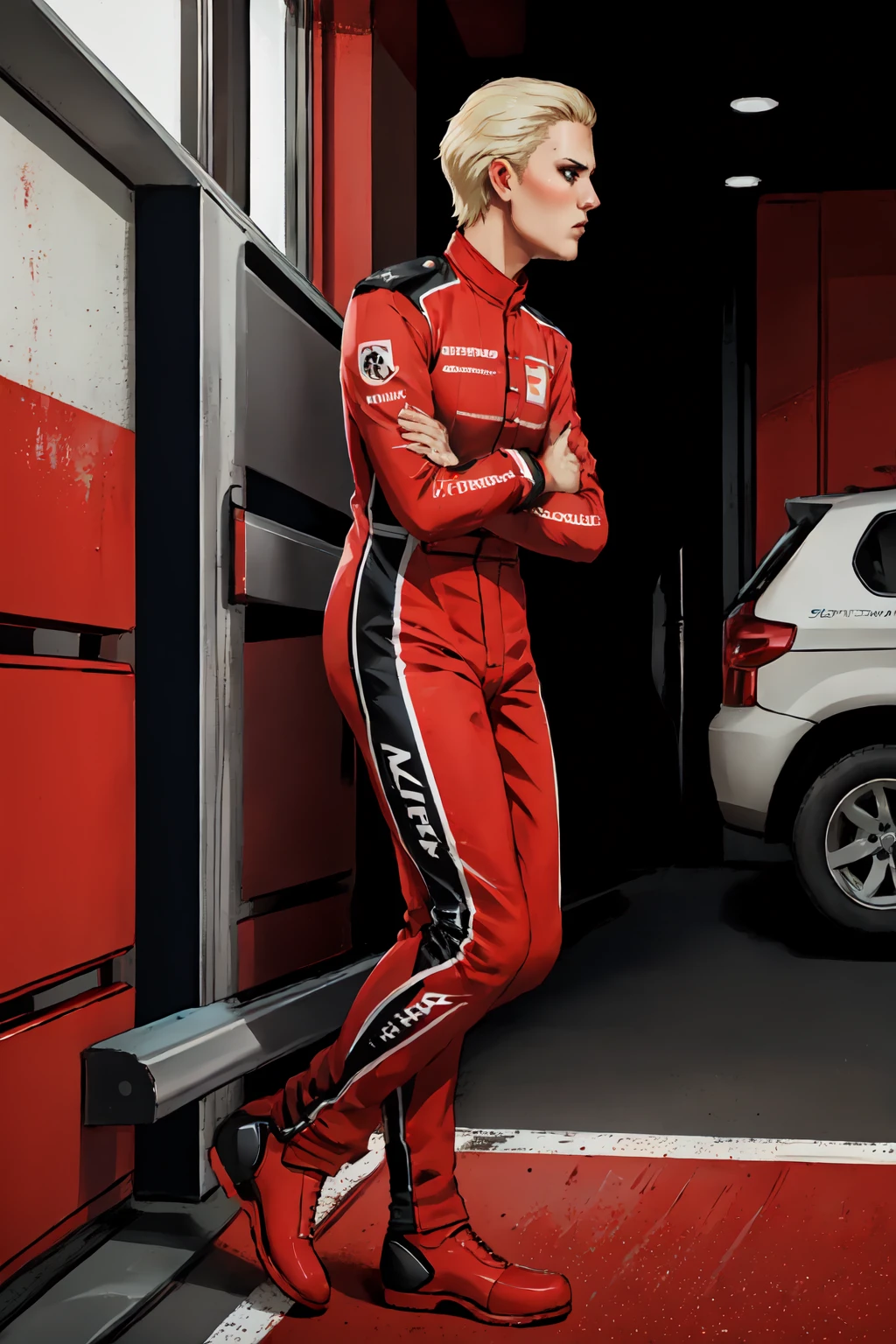 masterpiece,best quality,1girl,sierraknox, <lora:SierraKnox15:0.85>,solo,small breasts,uniform,red clothes,pants,boots,standing,from side,full body,crossed arms,scowling,in concrete garage,indoors, <lora:LORA-XenoDetailer-v2:0.1>