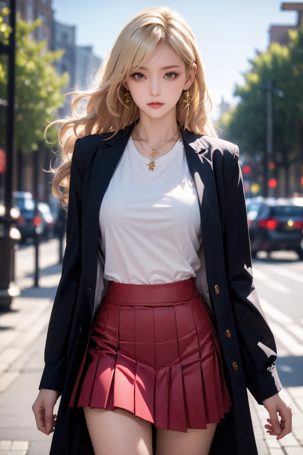 <lora:Again_Girl_A16:0.8>, 1girl, breasts, skirt, blurry, earrings, jewelry, blurry background, looking at viewer, shirt, solo, long hair, blonde hair, open clothes, pleated skirt, outdoors, cowboy shot,