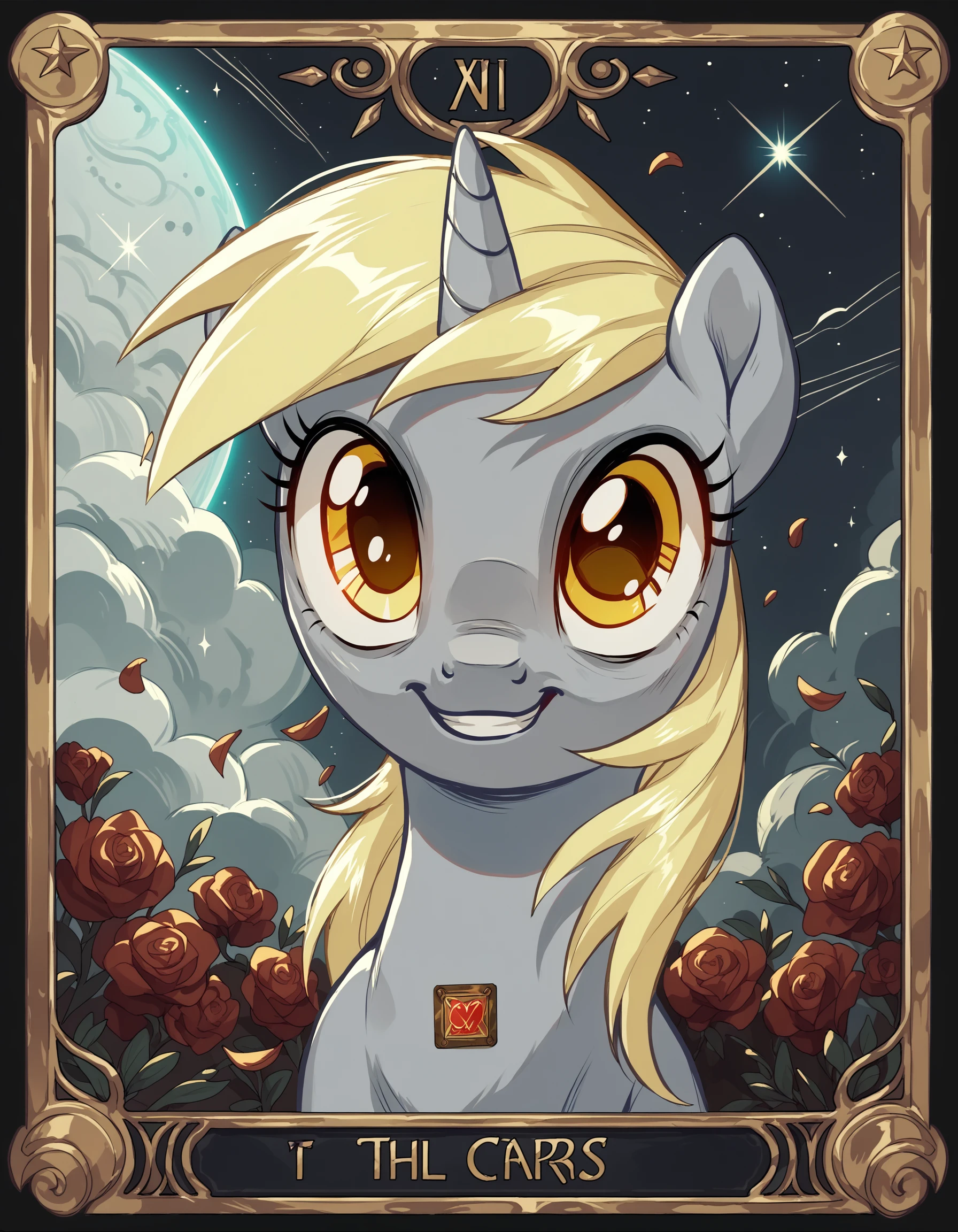 score_9, score_8_up, score_7_up, score_6_up, score_5_up, score_4_up, TarotCard Style, Derpy Hooves, source_pony, glowing, retro art style, card border, roman numerals, Tarot Card, <lora:Tarot-CardPonyXL:0.8>