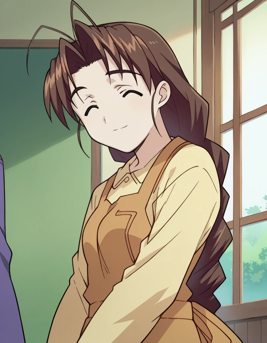 score_9, score_8_up, score_7_up, source_anime,
mutsumiotohime, <lora:mutsumi-otohime-ponyxl-lora-nochekaiser:1>,
mutsumi otohime, long hair, brown hair, closed eyes, antenna hair, braid, single braid, braided ponytail, smile,
shirt, long sleeves, apron,
indoors,
looking at viewer, dutch angle, cowboy shot,