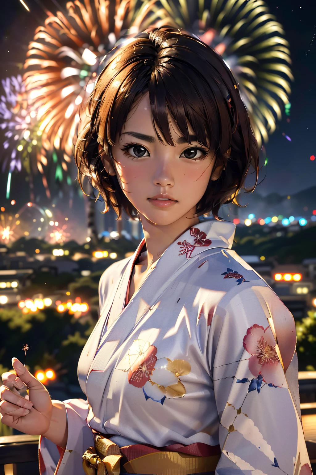 ((master part)), highest quality, whole body, alone, japanese woman, tall body, corpo sexy, sexy, fascinating, tight skin, Large firm breasts, (off shoulder,wear a yukata), To smile, (master part, highest quality, detailed skin texture, fine fabric texture, beautiful face details, intricate details, very detailed ), short black hair, dynamic pose, On the roof, tokyo street ,night, cityscape, city lights, Fireworks display,((Fireworks in the sky)) ,