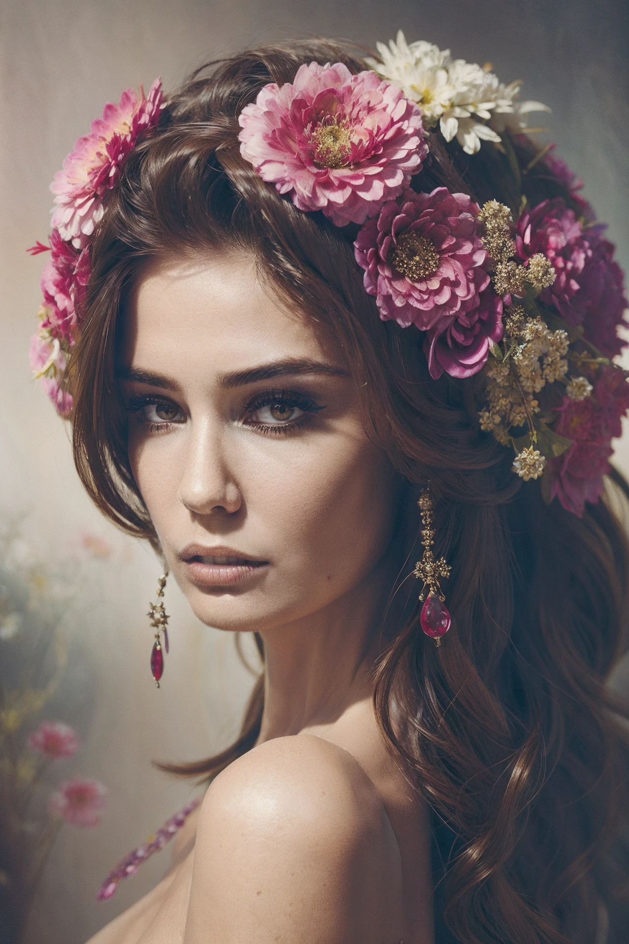 (best quality, masterpiece,highres:1.1),oil painting, arafed woman with a flower in her hair and a necklace, elaborate ornate head piece, wearing a flower headpiece, floral headdress, accentuated feminine features, flowers in hair, gorgeous woman, beautiful portrait photo, ornate headpiece, traditional beauty, elaborate hair worn up, very beautiful woman, floral headpiece, gorgeous beautiful woman, photo of a beautiful woman, elegant, aesthetic, sensual, alluring, passionate,sweat fog, glowing, dark science fiction, muted colors,dimmed colors, absurdes, surreal, impressionism, hyperrealism, cinematic, inspired by nihei tsutomu and zdzislaw beksinski and ridley scott,atmospheric haze,psychodelic,transcendent,moody
<lora:GoodHands-beta2:0.75>
<lora:BearlySD:0.4>
<lora:H.R.Giger_ArtStyle_640x960:0.55>
<lora:Agatha_Muceniece_640x960:0.85>