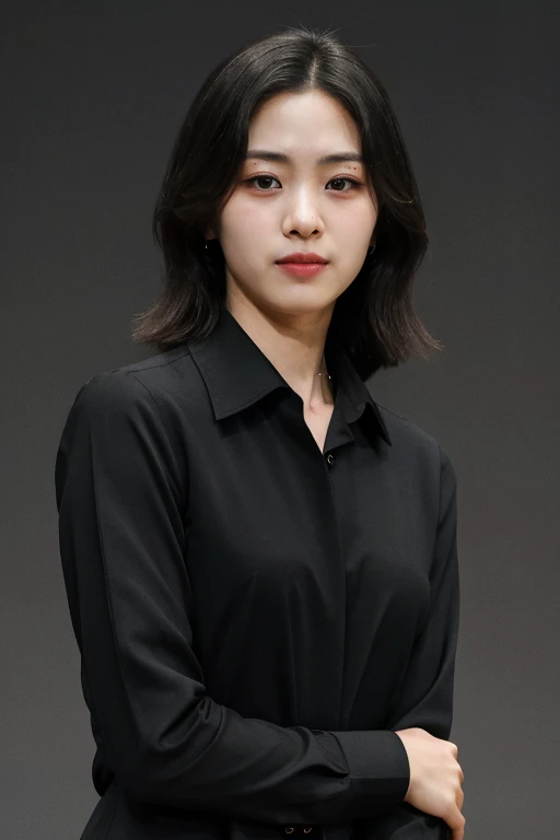masterpiece, best quality, ultra-detailed, ultra high res, (photorealistic:1.4), raw photo, (realistic:0.2), 8k HDR, realistic lighting, 1girl, solo, looking at viewer, asymmetrical black hair, (detailed oily skin), (detailed face), (simple gray background :1.1), (upper body:1.2), black suits, white collared shirts,