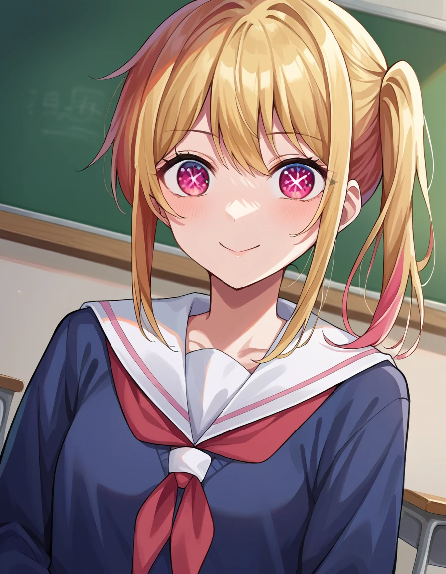 score_9, score_8_up, score_7_up, source_anime,
rubyhoshino, <lora:ruby-hoshino-ponyxl-lora-nochekaiser:1>,
ruby hoshino, long hair, bangs, blonde hair, pink eyes, sidelocks, symbol-shaped pupils, multicolored hair, two-tone hair, smile,
side ponytail, long sleeves, school uniform, serafuku, sailor collar, neckerchief, cardigan, red neckerchief, white sailor collar,
indoors, classroom,
looking at viewer, cowboy shot, dutch angle,