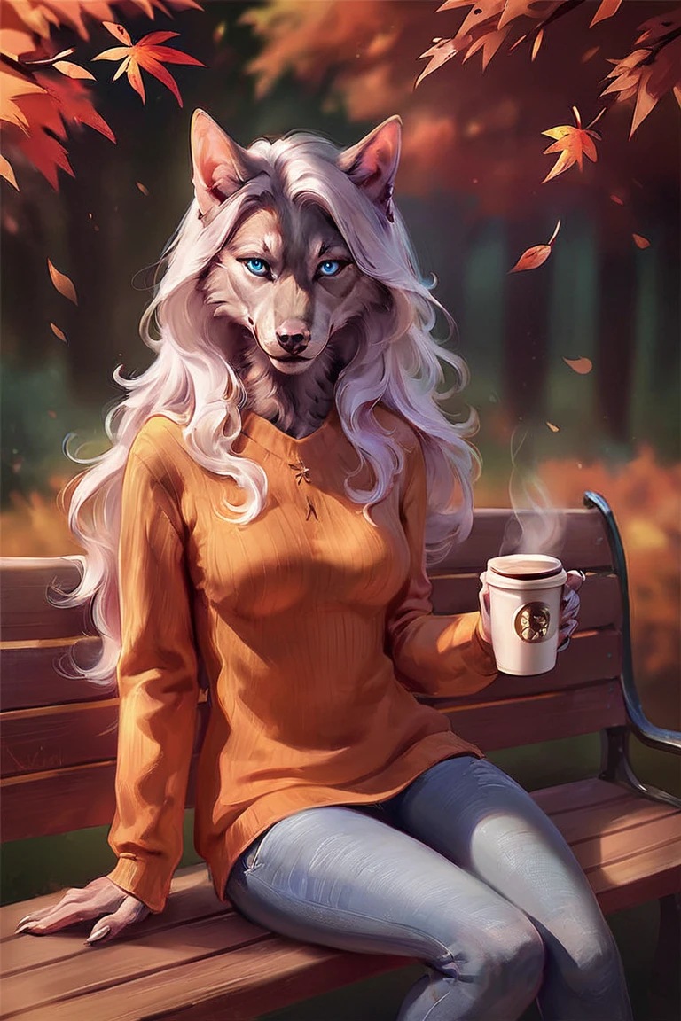 score_9, score_8_up, score_7_up, rating_safe, source_furry, pinkdreamsstyle, concept art, digital art, realistic, anthro, furry, werewolf, grey fur, long hair, white hair, blue eyes, orange sweater, long sleeves, blue jeans, holding cup, coffee cup, disposable cup, 1girl, solo, looking at viewer, cowboy shot, sitting, on bench, bench, outdoors, forest, autumn, falling leaves <lora:Pink Dreams Style LoRA_Pony XL v6:0.7>