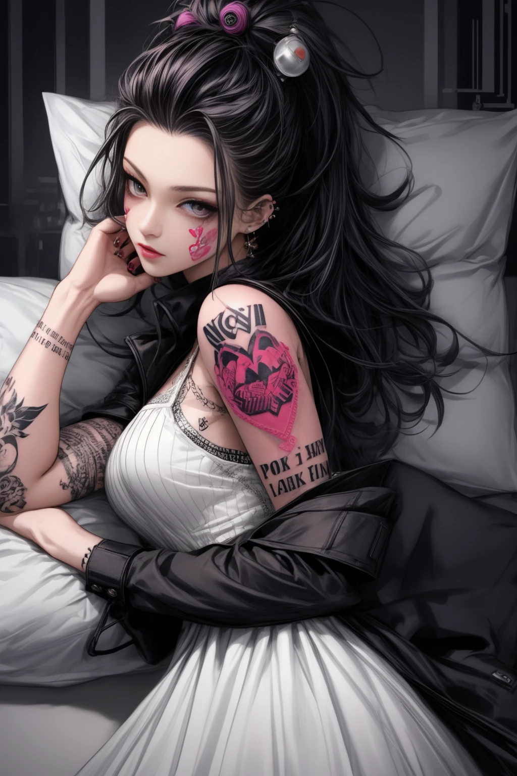 <lora:PillowWorld:1.0> (PillowWorld:1.2) 1woman (punk tattoo, dress:1.3) shopping ( cyber city:1.2), <lora:more_details:1>