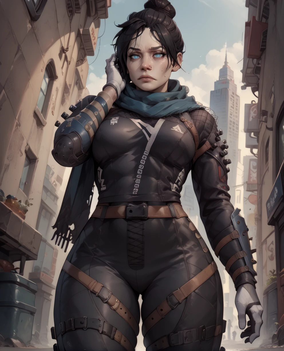 score_9,score_8_up,score_7_up,
wraithxl,black hair,single hair bun,looking at viewer,blue eyes,
scarf,nose piercing,blackta shirt,long sleeves,white gloves,black pants,
sweatdrop,tired,hand on own face,leg straps, from below,   skin tight, 
science fiction,outdoors,cityscape,alley,
<lora:wraith:0.9>,