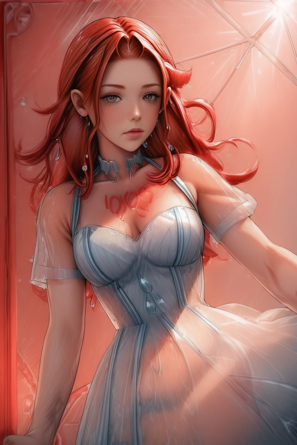 <lora:WaterDropsWorld:1.0>  WaterDropsWorld 1woman (red hair:1.6) (punk tattoo,  dress:1.3) walking in the (white light cyber city:1.2),  <lora:more_details:1>