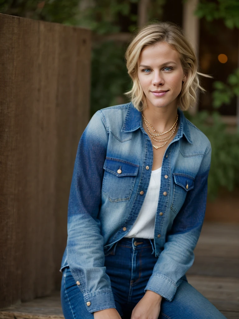 A beautiful br00klynd woman,1girl,solo,smile,short hair,blue eyes,blonde hair,shirt,jewelry,sitting,pants,necklace,denim,jeans,realistic,plaid shirt,soft lighting, professional Photography, Photorealistic, detailed, RAW, analog, sharp focus, 8k, HD, high quality, masterpiece<lora:br00klynd:1.0>