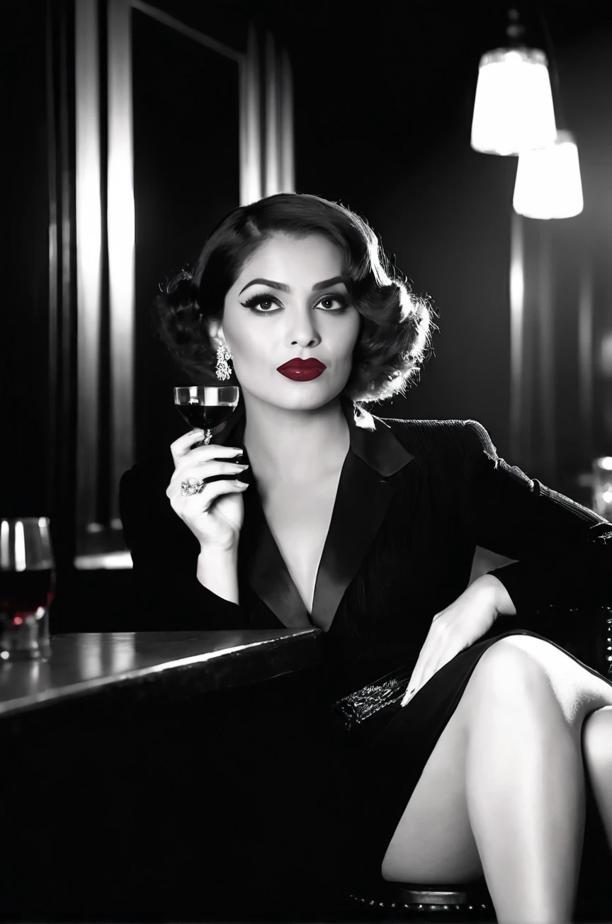 tv_Generic_25yo_Pakistani, , red lips, dramatic makeup, sitting on a stool in a bar, 1930s speakeasy, holding a glass of red wine, mad-sincity, noir, B&W, volumetric smoke in the background, glam, , 8k resolution, highres, high detail, sharp focus, , 8k uhd,