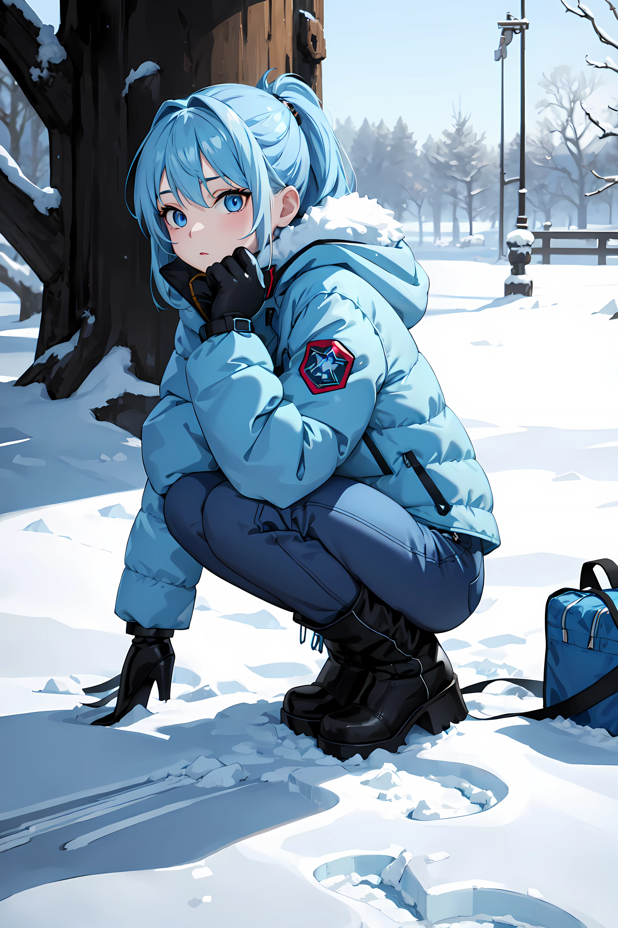 masterpiece, best quality, 1girl, solo, light blue hair, blue eyes, winter, snow, winter jacket, pants, boots