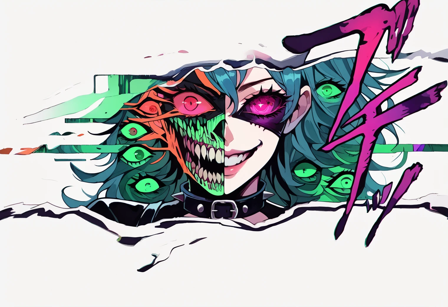 Beetle Juice, Official Art, 1 Boy, Solo, (Prank, Fantasy Scene, Demon), (Zen Entanglement, Mandala, Tangle, Entanglement:0.6), (Demon, Semi-Real, Demon, Shiny Skin, Textured Skin), Holographic Eyes, Heterochromatic, Purple Eyes, Striped Jacket, Striped Shirt, Bicolor Hair, Striped Hair, Multicolored Hair, Red Hair, Green Hair, Wild Hair, Evil Scene, Teeth, Side Lighting, Ray Tracing, Depth of Field, Solo, Extreme Light and Shadow, Masterpiece, Post-apocalyptic rich detail, (detailed eyes), (handsome) detailed, (dirt spots), (horror theme), (beetle juice), detailed eyes, (straight to the point), (masterpiece), (best quality), (super detailed), (best illustration), (best shadow), edge lighting, beetle juice, ((beetle juice)), crazy smile, crazy expression,