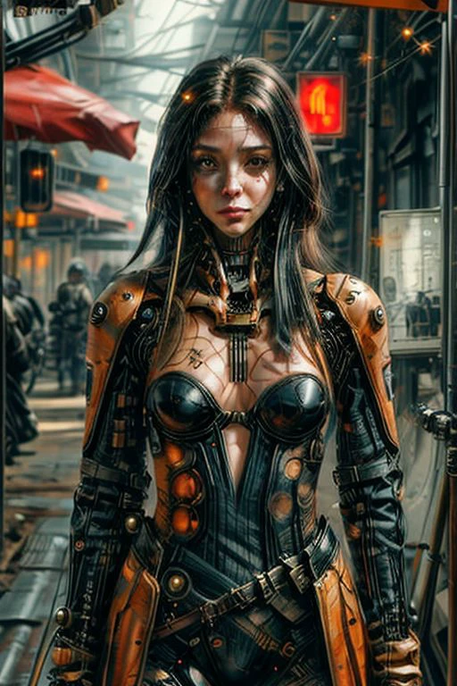 artificial intelligence,(((full-length))),fulfills the function of personal security, beautiful face,sparks in the eyes, sexy expression,weapon pistol, rifle, submachine gun, machine gun,mounted on a motorcycle and drifting through the streets of a densely populated city