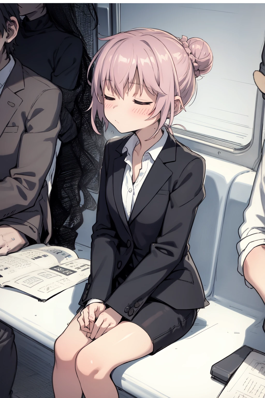 (traditional media, sketch:1.3),
1girl, mature, flat chest, single hair bun, dark hair, closed eyes, sleepy
BREAK office attire, grey blazer, white shirt, pencil skirt, sitting, v arms
BREAK public train, train interior, city background, sunset