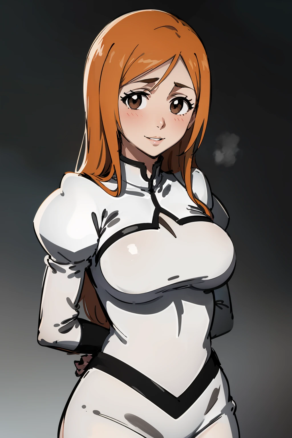 orihimeinoue, huge_breasts, standing, solo, Orihime_White_dress, masterpiece, best quality, detailed face, detailed eyes, highres, perfect face, ultra detailed,detailed face, 8k wallpaper, wide hips, Orange hair, Dress with open breasts, chest dress unbuttoned, unbuttoned breasts showing much of her breasts, Exhibitionist, voluptuous body , Bare tits, big tits and showing the viewer, Leaning towards the camera showing her huge breasts, POV, wide hips, big breasts, defined abdomen, Showing breasts to the camera, very close to the camera, POV panties, Top dress only covers a small part of the breasts, breasts protruding from the dress, top parts of the dress extremely tight , HALF-NAKED BREASTS