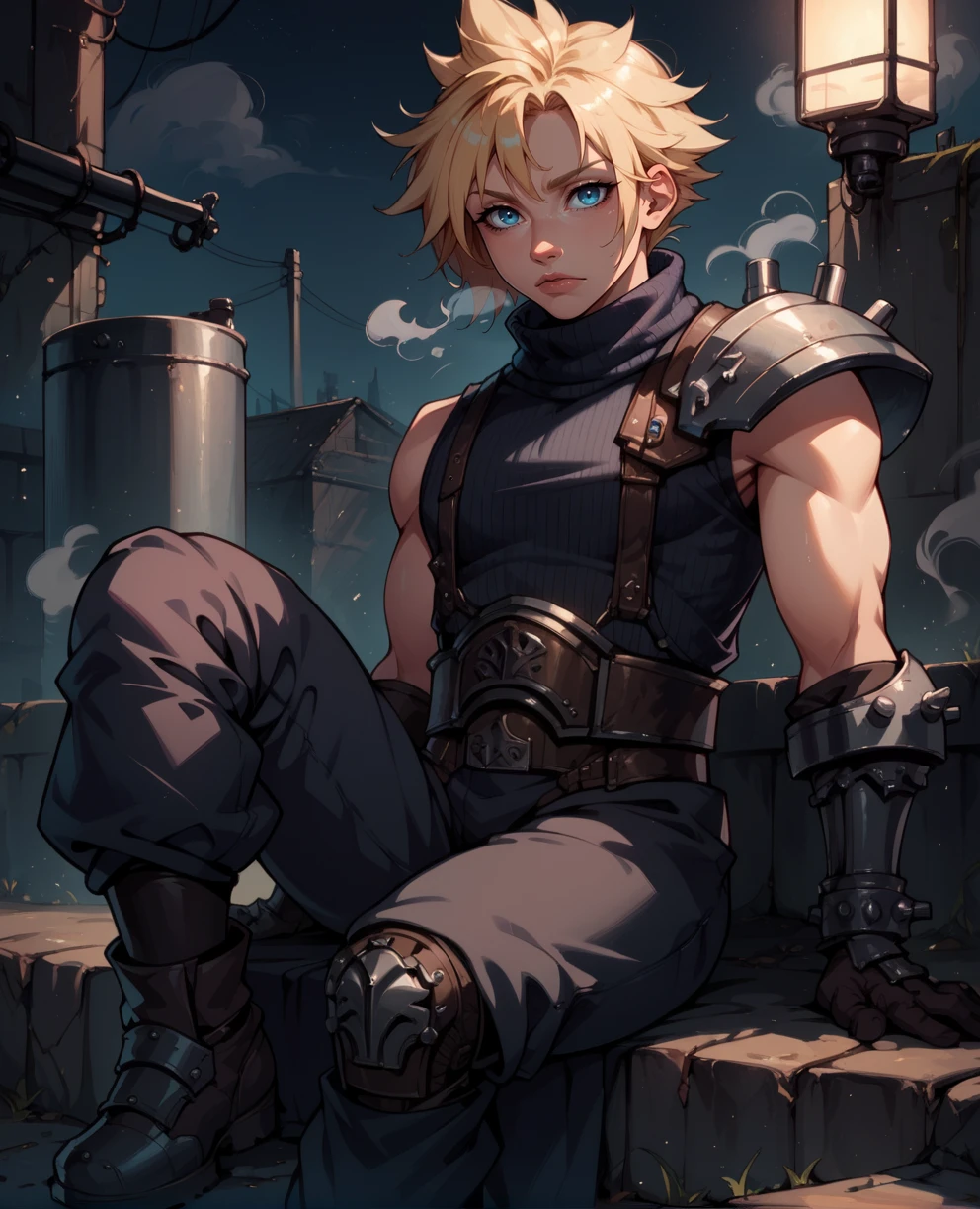 score_9,score_8_up,score_7_up,
cloudxl,blonde hair,spiked hair,blue eyes,solo,
sleeveless,gloves,turtleneck,armor,shoulder armor,sleeveless turtleneck,
looking at viewer,sitting,
steam pipes,
night,industrial,<lora:CloudXL:0.9>,