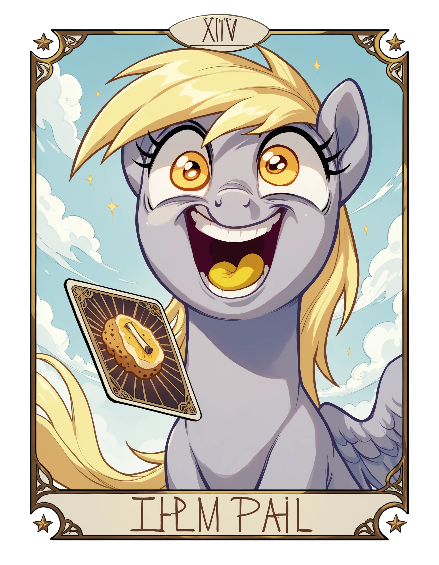 score_9, score_8_up, score_7_up, score_6_up, score_5_up, score_4_up, TarotCard Style, Derpy Hooves, banana and choco chip muffin, crazy smile, crossed eyes, kawaii, comedic, silly, source_pony, glowing, retro art style, card border, roman numerals, Tarot Card, <lora:Tarot-CardPonyXL:0.8>